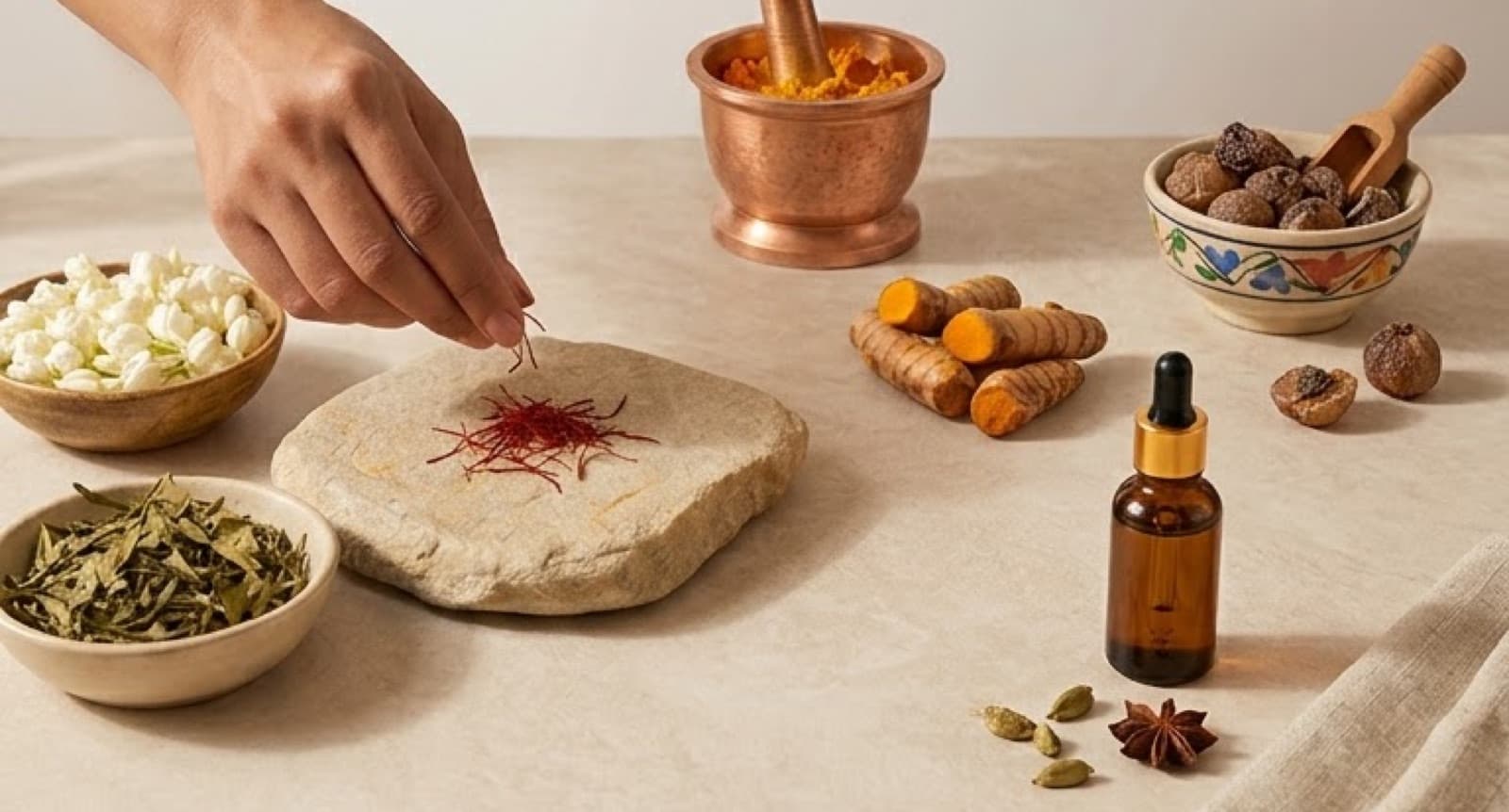 Indian botanicals and a serum dropper laid out on a work surface