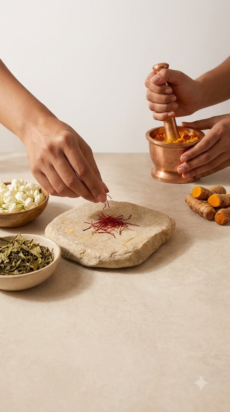 Hand grinding turmeric and botanicals with a copper mortar and pestle
