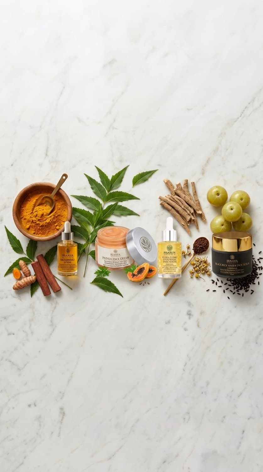 Iraava Naturals creams and serums laid out with turmeric, neem, amla and ashwagandha