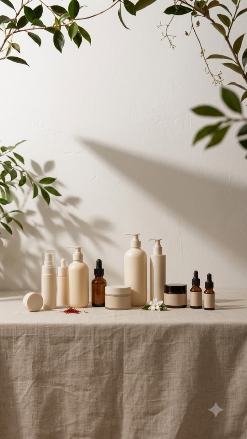 A lineup of Iraava Naturals face and body care bottles and jars
