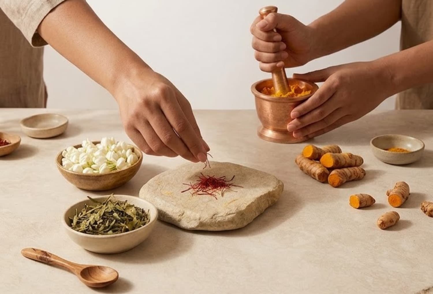 Hands placing saffron threads on a stone slab beside a copper mortar of turmeric