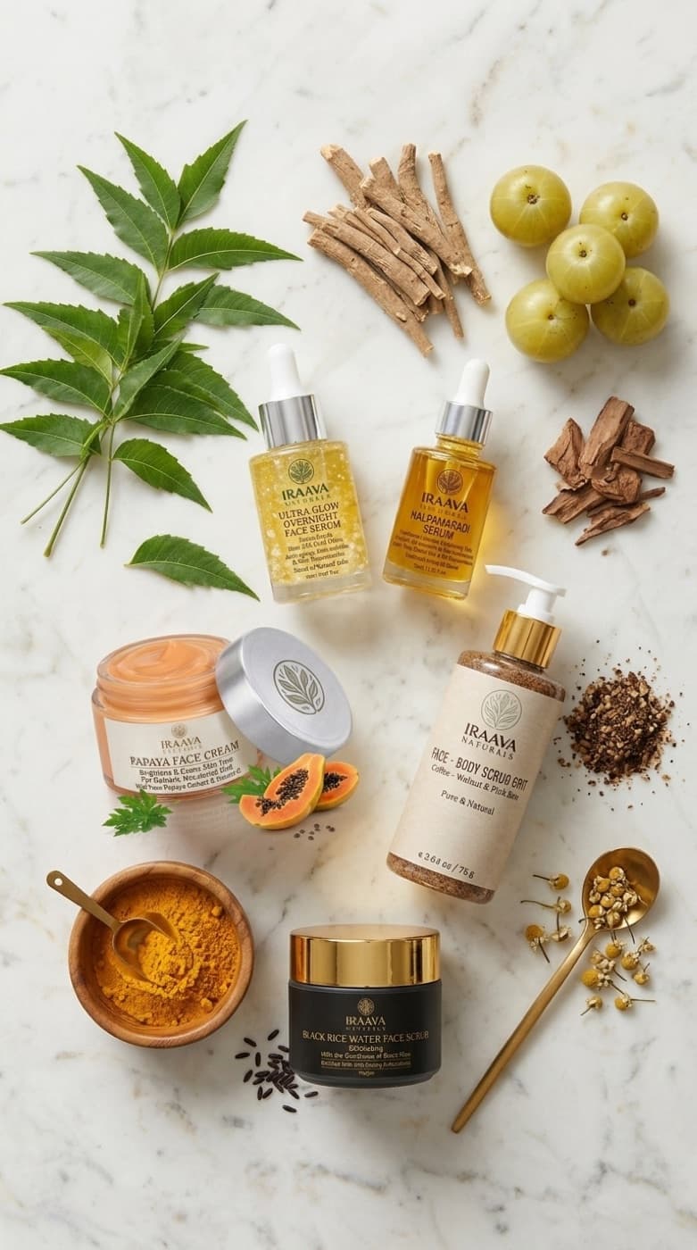 Iraava Naturals serums and jars laid out with neem, amla, ashwagandha and turmeric
